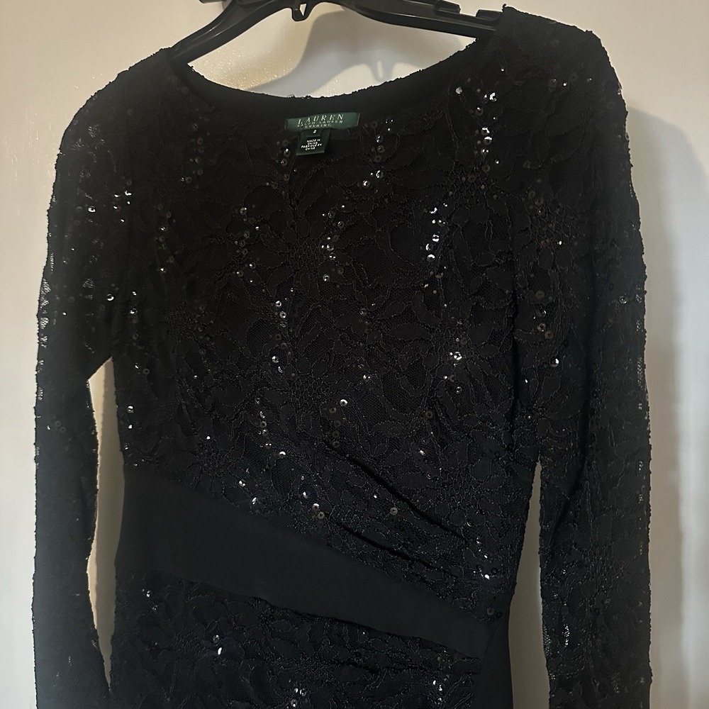 Lauren Ralph Lauren Evening Gown Women's 2 Black Sequin Ruched Slit Formal Party